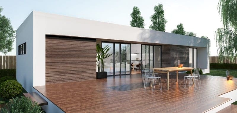 Spacious flat with glass doors and windows. Wooden table in the center with five steel chairs. Wooden floor and stairs.