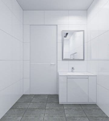 White tiles, cabinet, door. With faucet and mirror.