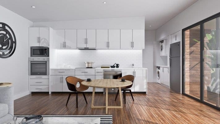 Wooden cabinet, round wooden table with two chairs, washing machine on the side and refrigerator, glass doors and wooden floors